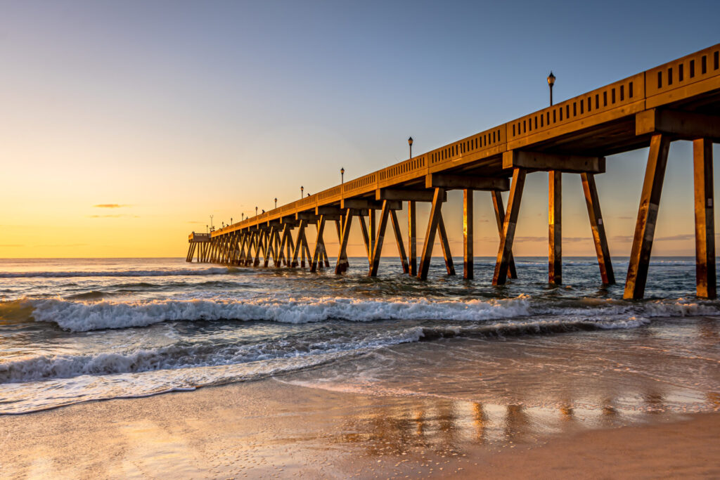 Johnnie Mercers Fishing Pier at sunrise in Wrightsville Beach east of Wilmington,North Carolina,United State.