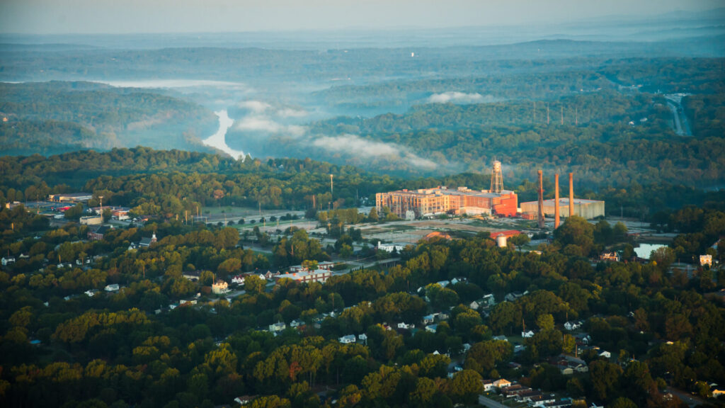 Aerial photographs of Danville,VA,old cotton mills and the Dan river.